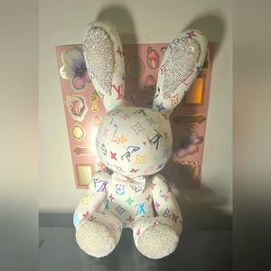 Desiner Multicolor Monogram Bunny Plush - White